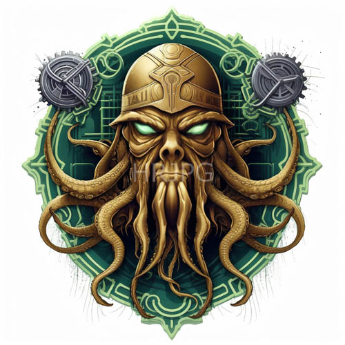 octopusheaded deities with glowing green eyes adorned with intricate golden helmets in teal backdrop