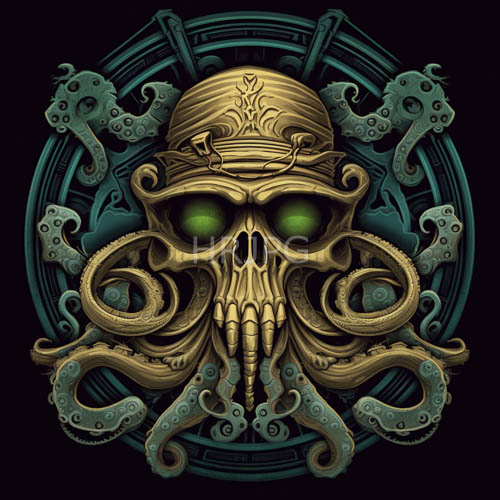 ancient oceanic skulls entwined with tentacles in teal and gold patterns
