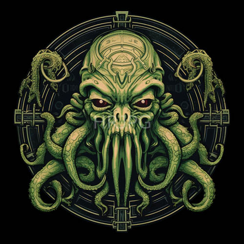 octopusheaded deities in geometric patterns against deep black backgrounds