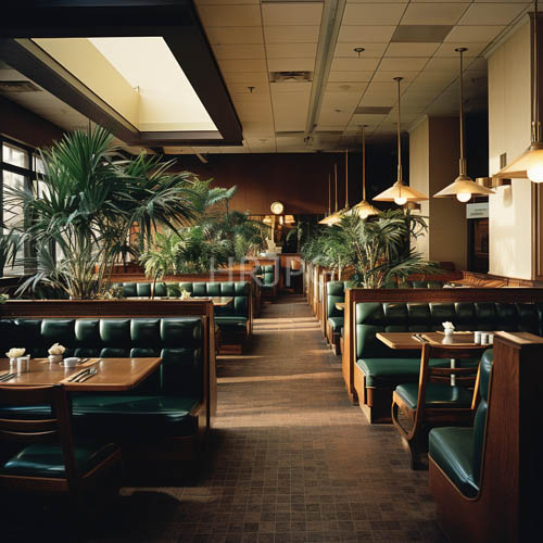elegant restaurant setting with crisp leather and tropical palm accents and wood