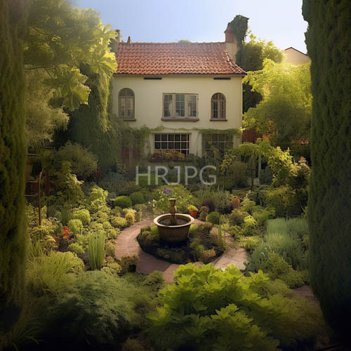 idyllic garden sanctuary centered around a tranquil stone path and serene fountain