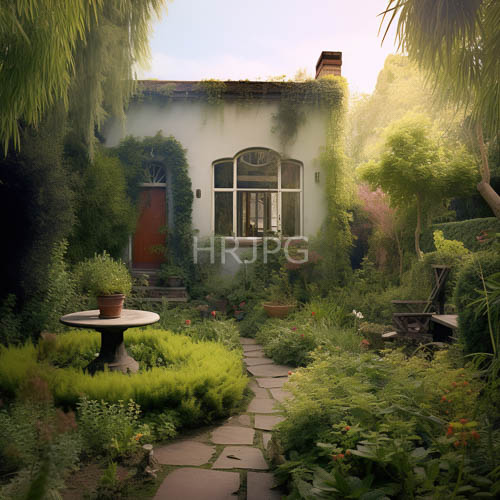 lush garden sanctuary with arched windows and vibrant plant life
