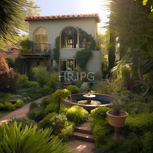 High Resolution: Mediterraneanstyle houses stand amidst lush greenery and terracottaroofed structures in a sunlit garden setting download. | HRJPG.com