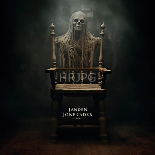 ethereal skeletal figure sits atop weathered throne in desolate mistshrouded chamber