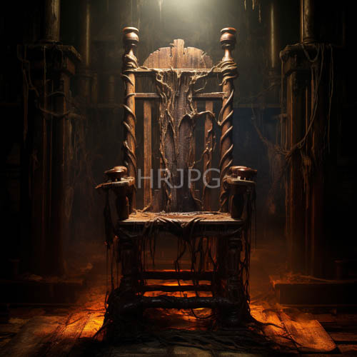 ancient wooden thrones stand amidst dim misty light in stone chamber with worn wooden boards and twisted vines