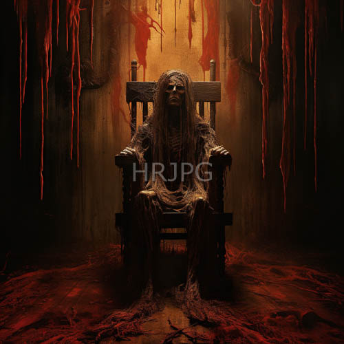 men with matted hair sit on tattered thrones in front of bloodstained walls