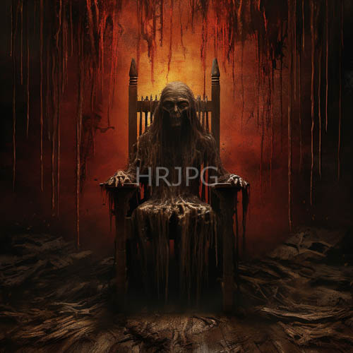 eternal ruler of decayed throne amidst fiery redorange background