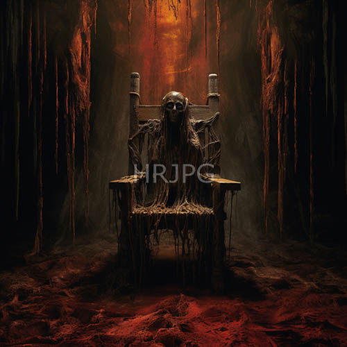 High Resolution: Flesh Dripping from Skeletal Figures on Dark Thrones in Dim CaveLike Setting Under Red Light download. | HRJPG.com