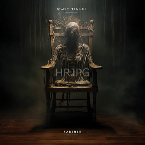 skeletal figures sit on worn wooden chairs in dim foggy atmosphere tattered cloth wrapping bones