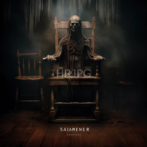 lonely figure in tattered cloth sits on wooden chairs in misty dark space