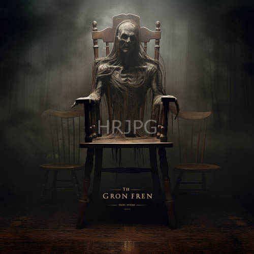 eerie figures in dim foggy light amidst tattered clothing and wooden chairs in a dark chamber