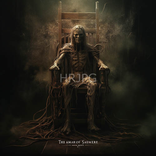 foggy figures with decayed skin and long hair sit on wooden chairs in the foggy light