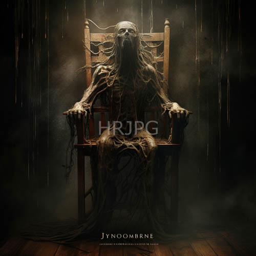 skeletal figures in tangled roots on wooden chairs in darkened misty background