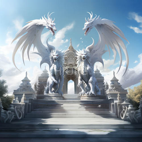 dragon statues flanking ornate stone staircase under clear blue skies over temple