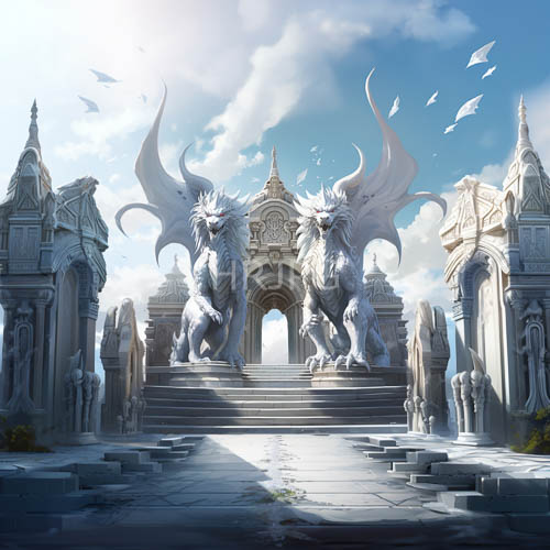 fantasy temple entrances showcase massive white dragon statues amidst delicate paper kites and ornate archways