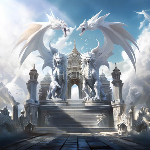 majestic white dragon statues stand guard on ornate stone staircase under clear blue skies