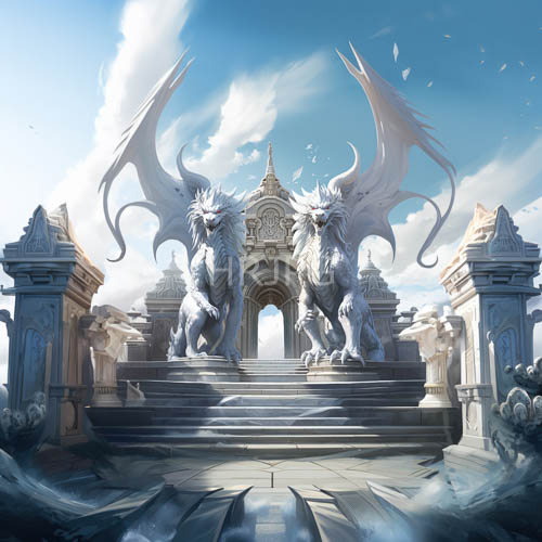 High Resolution: Majestic white winged lion statues stand on stone steps before ornate temple archway amidst fluffy clouds download. | HRJPG.com