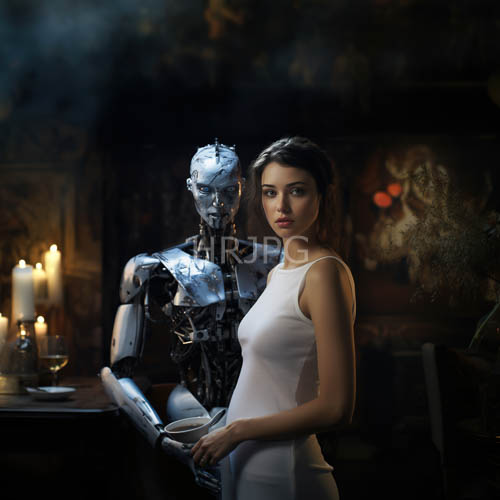 fairskinned women in white sleeveless dresses stand beside metallic humanoid robots in dim rustic surroundings