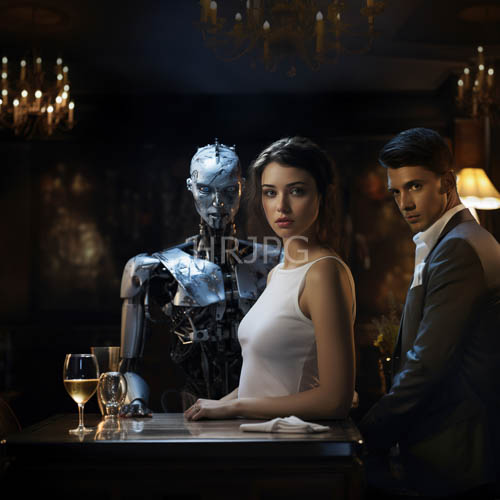 humanoid robots flanking humans in formal attire in elegant dimly lit room