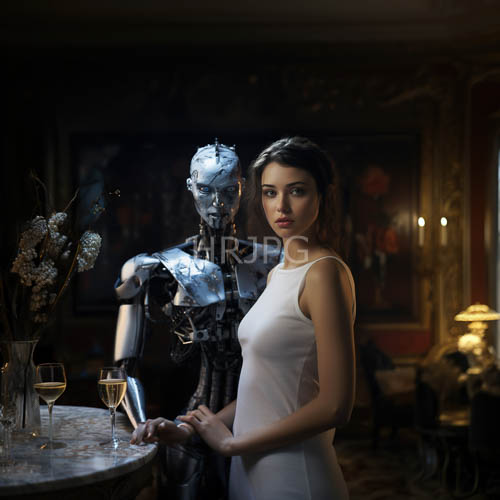 High Resolution: Women in sleeveless dresses stand beside metallic robots in dim rustic room download. | HRJPG.com