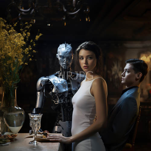 silver robot humanoid robots occupy rustic dimly lit room with humans