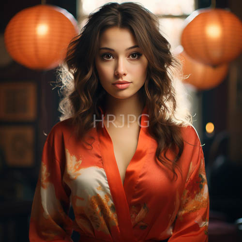 woven red floral kimono against faded light in a quiet japaneseinspired setting