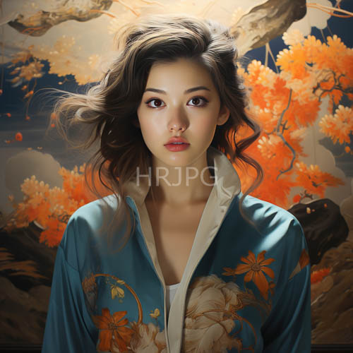 autumnal orange leaves frame fairskinned women in teal floral kimonos