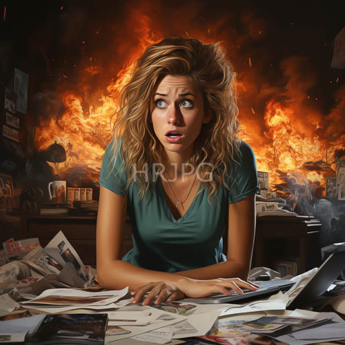 blonde women react to intense flames engulfing office supplies amidst bookshelves