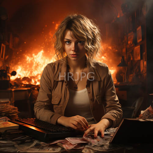 High Resolution: Professionals in Crisis Typing on Keyboards Amidst Orange Flames in Cluttered Office Desks download. | HRJPG.com