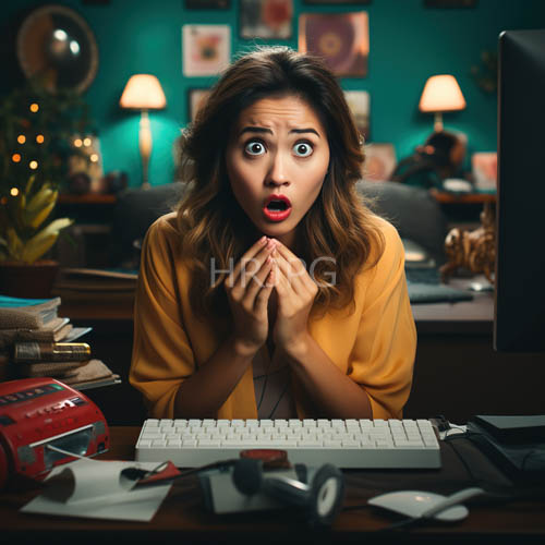 wavyhaired brunettes in mustard yellow tops in intense shock at computer monitors