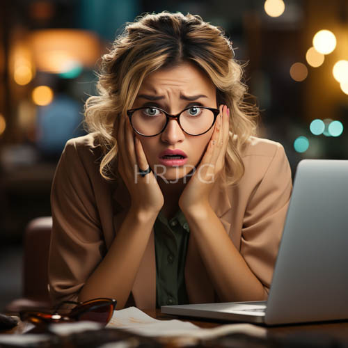 blonde women in modern cityscape with anxious expressions and blurred light reflections