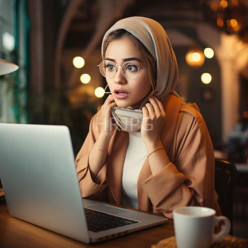 hijabwearing women work on silver laptops in modern cafes with brown and beige tones