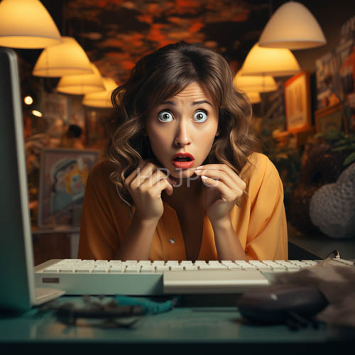 High Resolution: Young women in orange blouses react in shock at computer workspaces download. | HRJPG.com