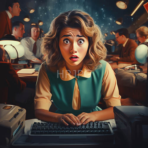 women in teal dresses sit at desks in futuristic offices under starry night skies