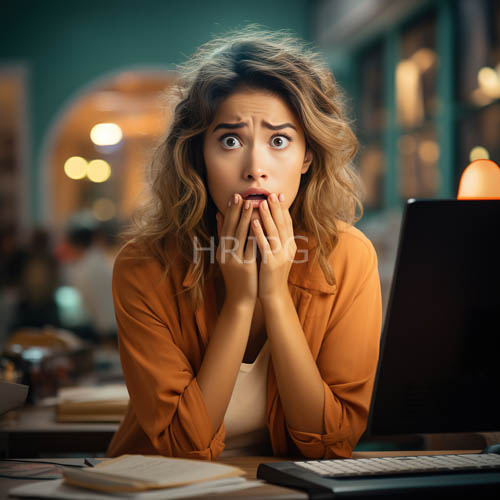 young women in shock with wavy light brown hair at computer desks under arched windows