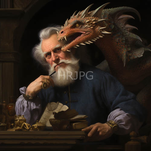 elderly men with gray hair and blue medieval attire hold quills to paper in majestic red dragons scales