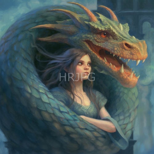 confident females standing beside large protective green dragons in teal attire in nature