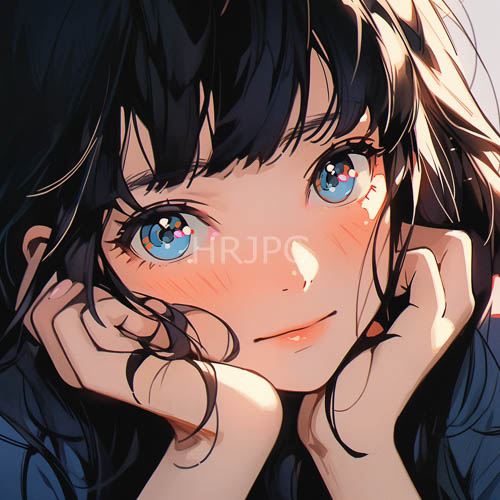animestyle of a young woman with sparkling blue eyes and flowing black hair in a shy endearing pose amidst a delicate rosy blush