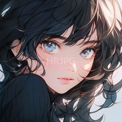 young women with expressive blue eyes and wavy black hair in elegant anime style settings