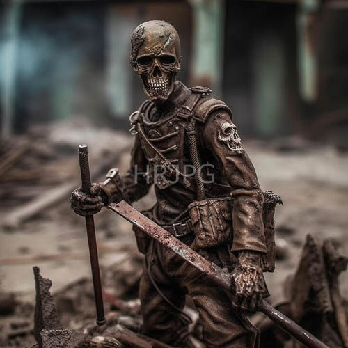 skeletal warrior bronze sculpture in tattered tactical armor with rusted sword