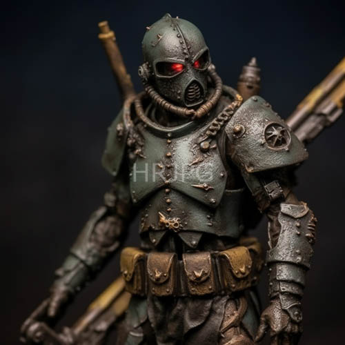 industrial robot warrior with red optics and spiked armor in a dark green metallic setting