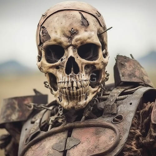 antique human skull worn by decaying metal armor in overcast open fields