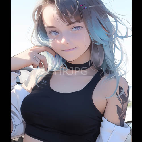 animestyle character wears white sleeveless top with black sports bra and dark choker in modern setting