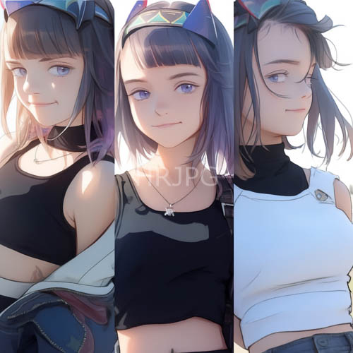 anime figures with purple hair and catear headbands in modern alternative fashion settings