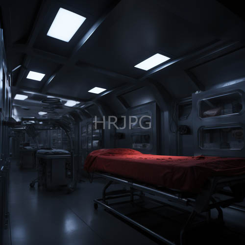 rectangular ceiling fixtures illuminate clean white medical equipment