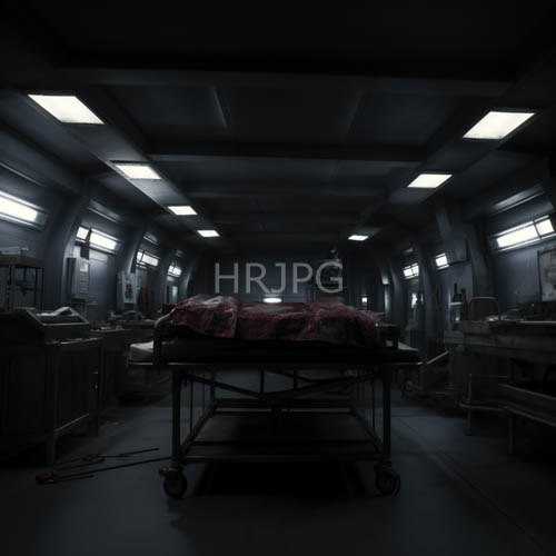 metalframed bed in dimlit hospital room surrounded by medical equipment carts