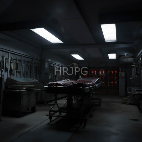 crimsonstained hospital bed amidst dimlit surgical theatres harsh fluorescent lighting