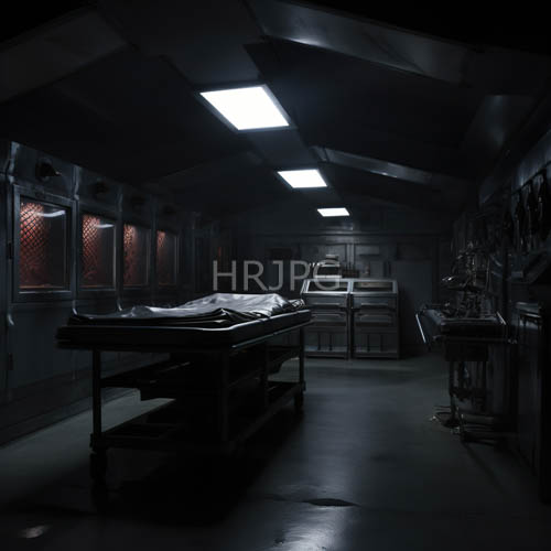 High Resolution: Metal Surfaces Reflect Fluorescent Hum in Eerily Dim Morgue with Wooden Table and Metal Drawers download. | HRJPG.com
