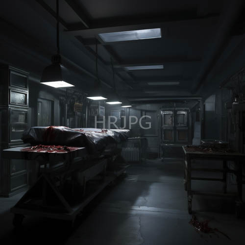 autopsy chamber crime industrial textures foreground body rests flickering fluorescent lighting