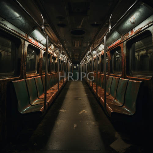 subterranean subway car with worn teal and brown seats in dim lighting conditions